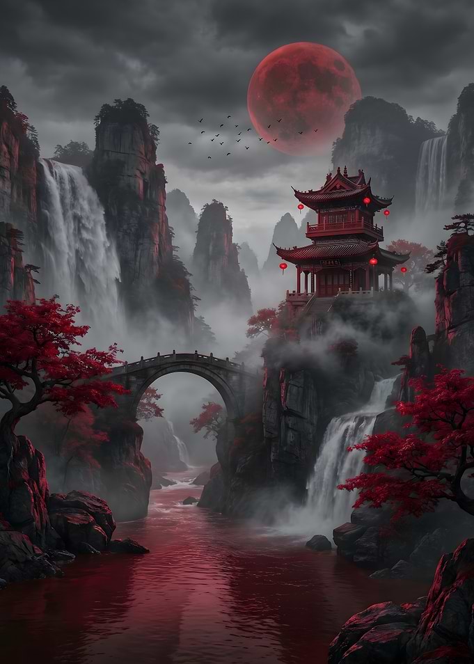 Mystical Asian Landscape with Red Moon