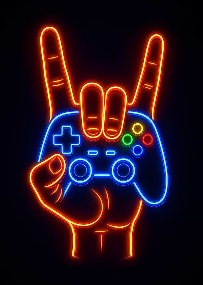 Neon Hand Holding Game Controller