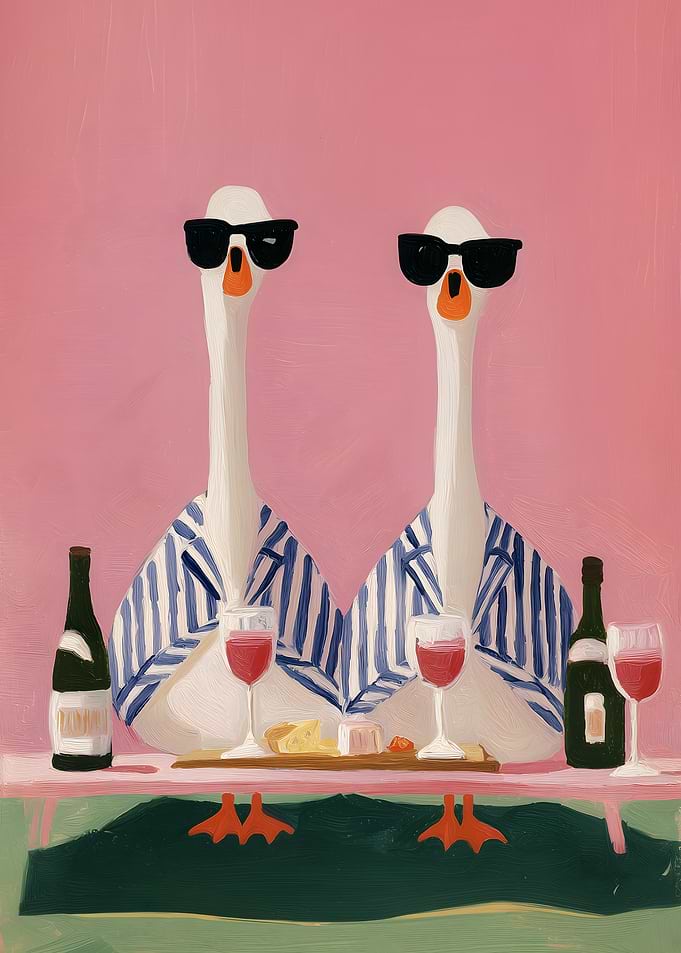 Ducks Enjoying Wine and Cheese