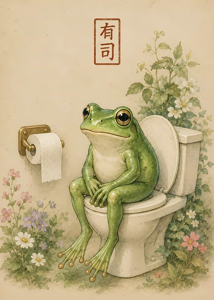 Frog on Toilet with Flowers