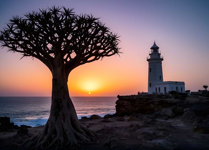 Quiver Tree and Lighthouse at Sunset