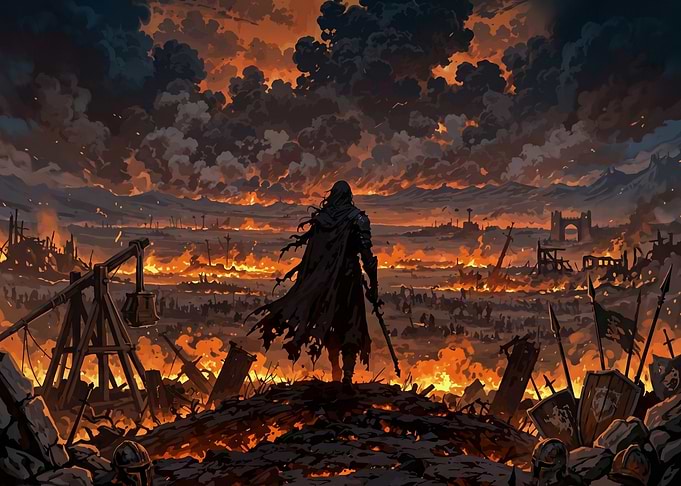 Warrior in a burning battlefield