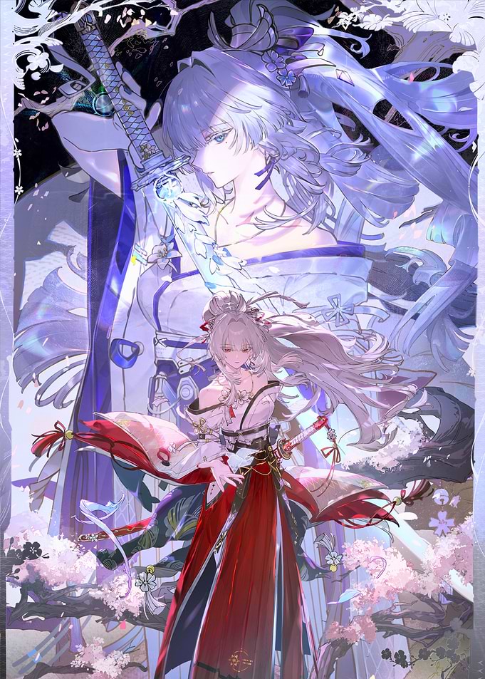 Characters with Swords and Cherry Blossoms