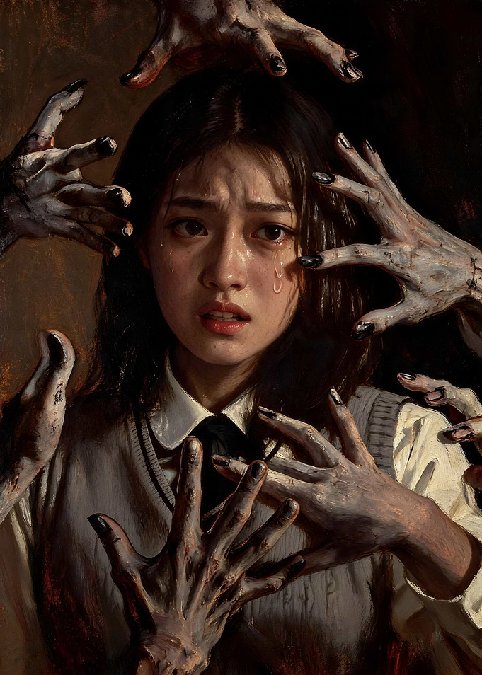 Terrified Girl Surrounded by Demonic Hands