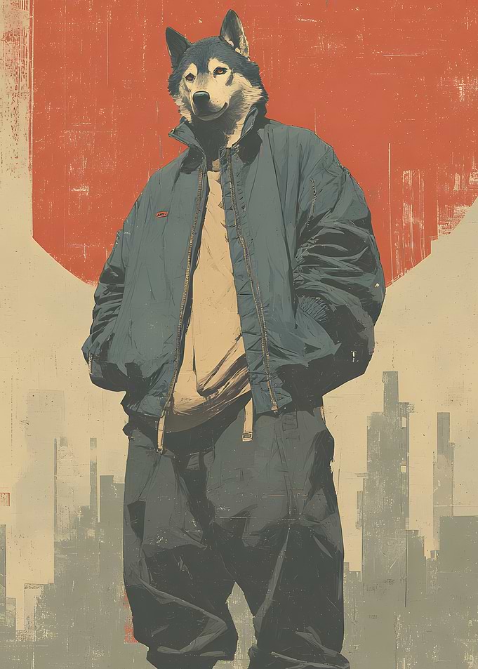 Wolf in Bomber Jacket Retro Painting