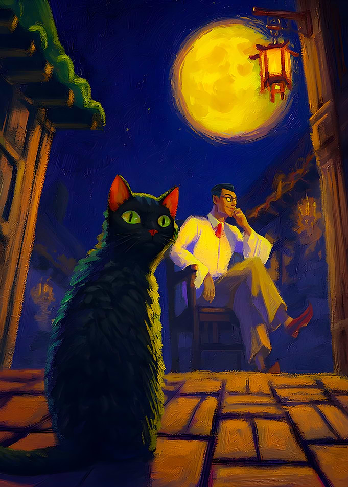 Black Cat and Man Under Full Moon