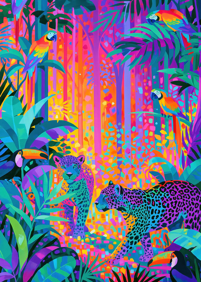 Vibrant Jungle with Jaguars and Macaws