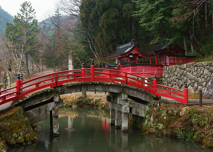 Red Bridge and Shrine in Takayama Nature