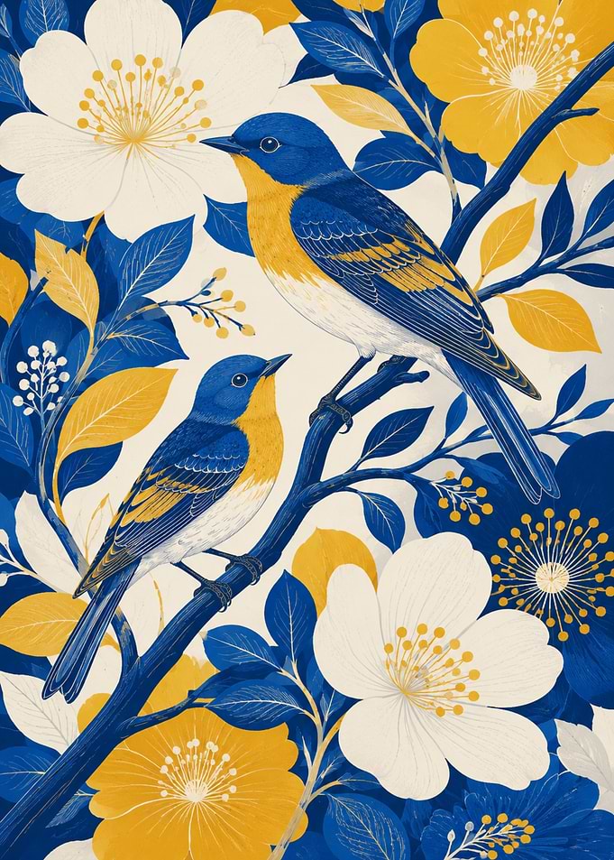 Two Blue and Yellow Birds on a Branch