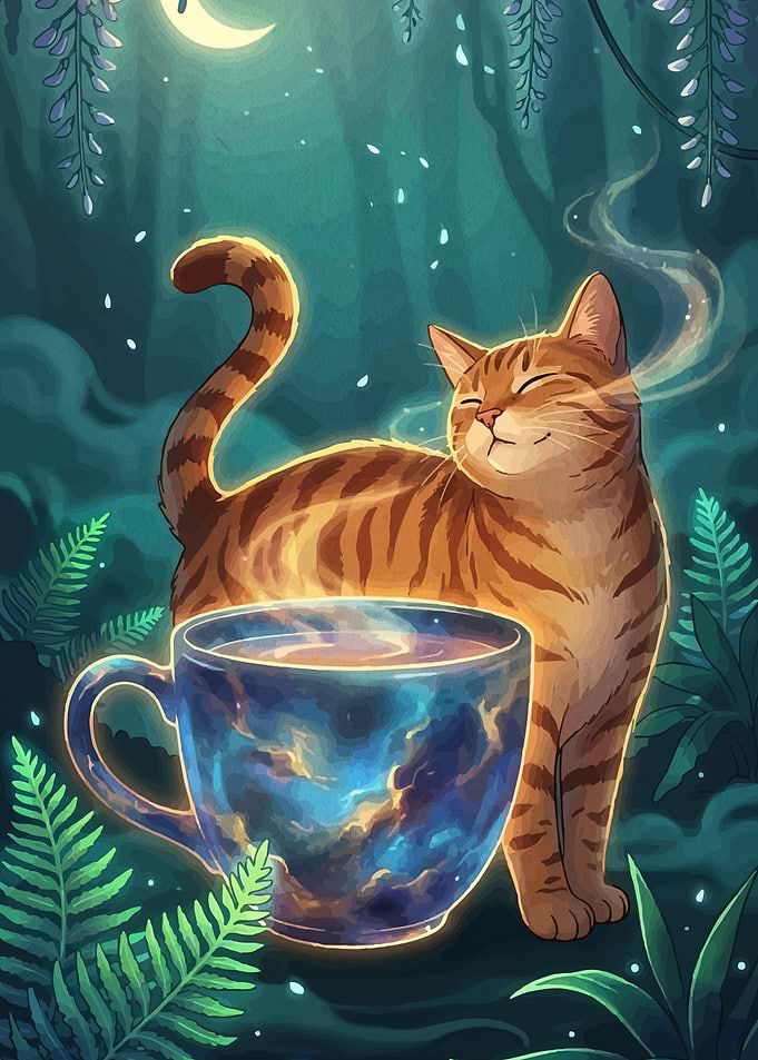 Cat Enjoying a Cosmic Cup of Tea