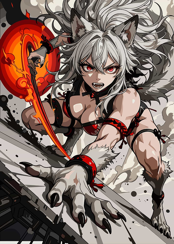 Wolf Girl Warrior with Fiery Sword
