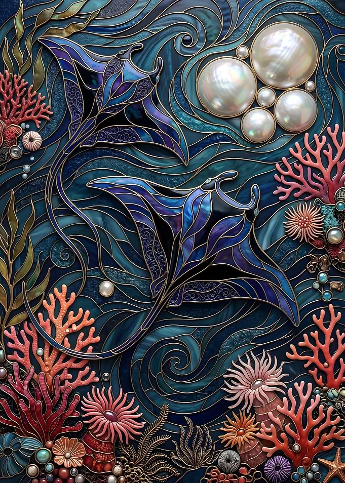 Manta Rays and Coral Stained Glass