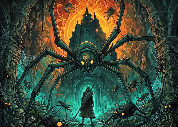 Giant Spider Attacks Knight in Dungeon