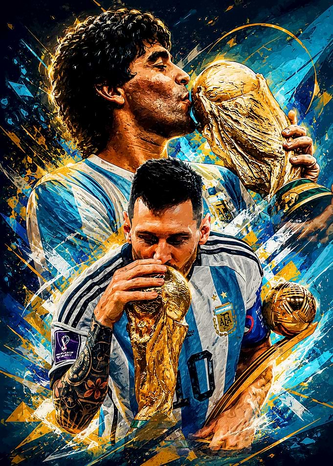 Maradona and Messi Kissing World Cup Trophies