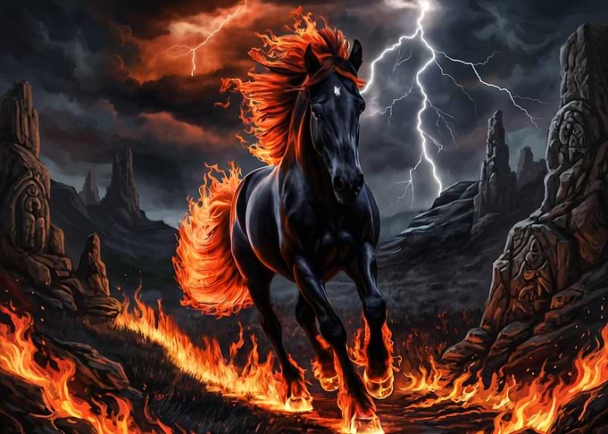 Fiery Black Horse in Storm