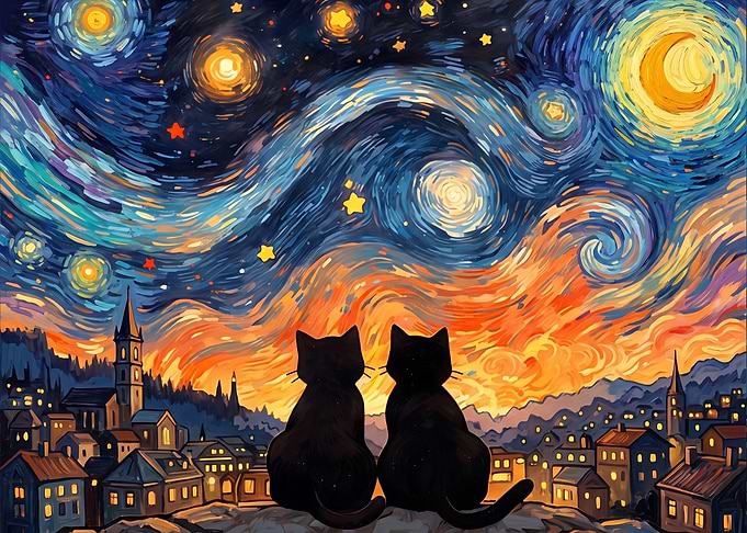 Two Black Cats Admire Starry Night Cityscape
