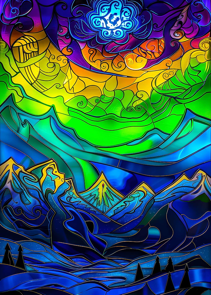 Stained Glass Mountain Landscape