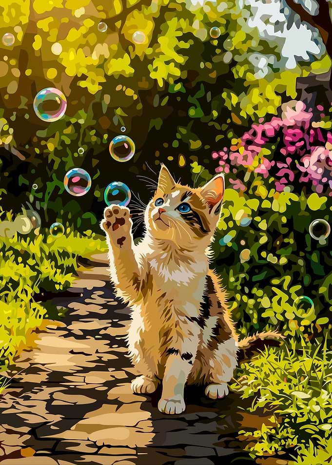 Kitten Playing with Bubbles in Garden