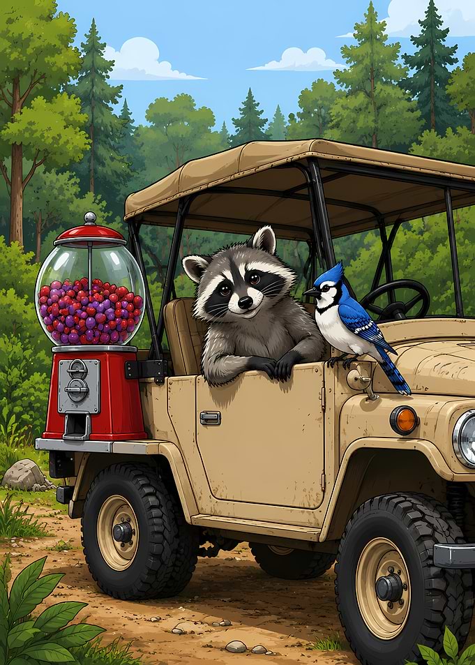 Raccoon and Blue Jay in a Jeep