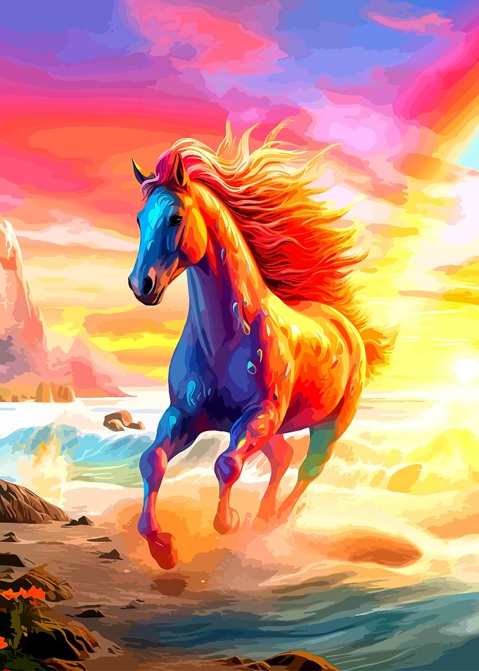 Colorful Horse Running on Beach