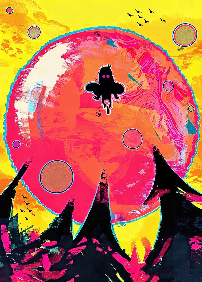 Surreal Cosmic Landscape with Floating Character