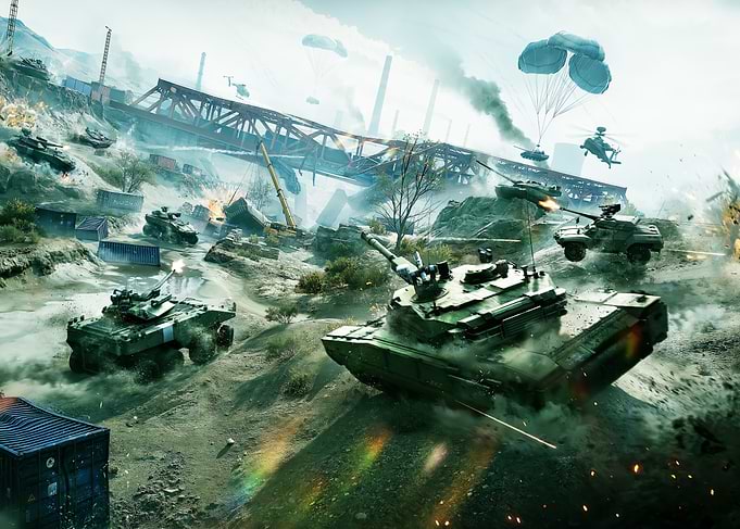 Military Battle Scene with Tanks and Helicopters