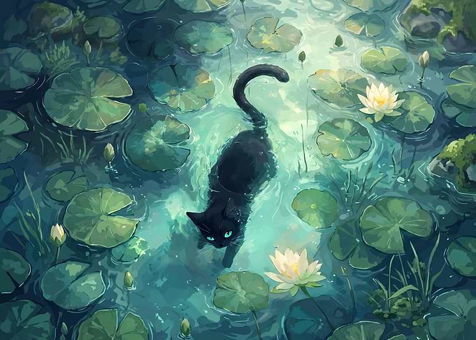 Black Cat in a Lily Pond