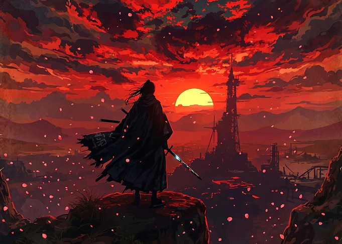 Samurai Overlooking a Cityscape at Sunset