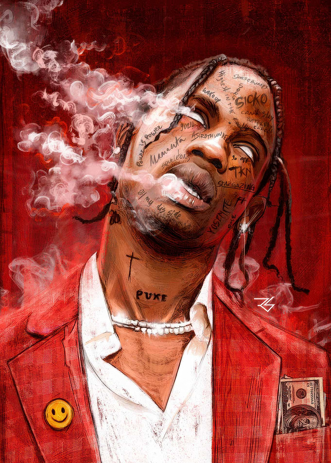 Travis Scott Portrait with Smoke and Tattoos