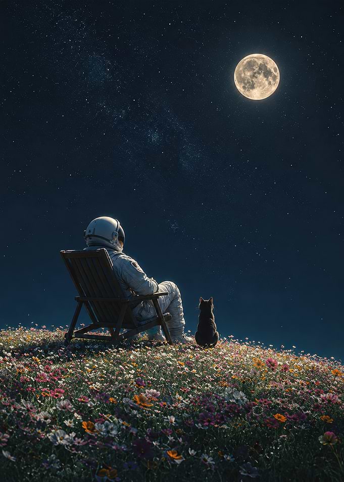Astronaut and Cat Under the Stars