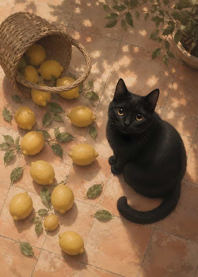 Black cat with lemons
