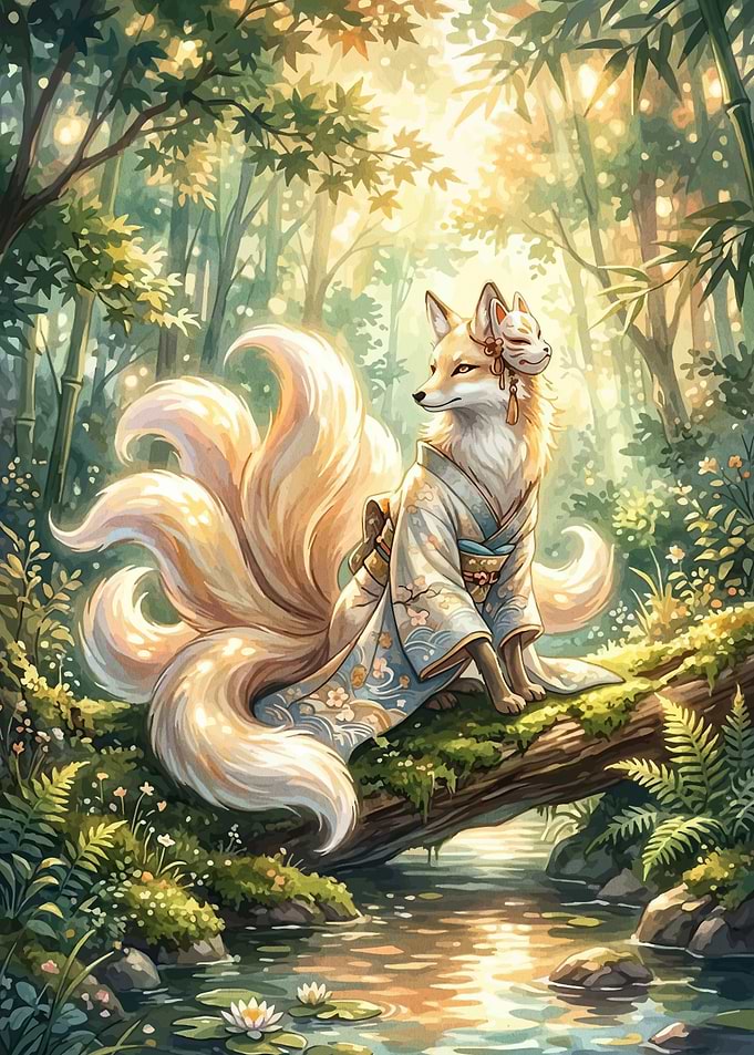 Kitsune in a Kimono by a Stream