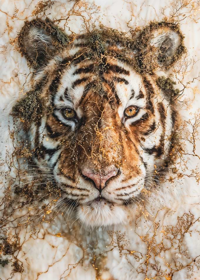 Marble Tiger Head with Gold
