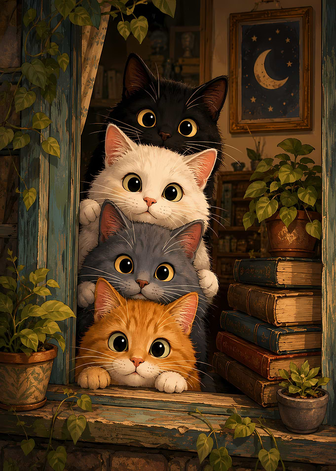 Stack of Cute Cats Peeking Out