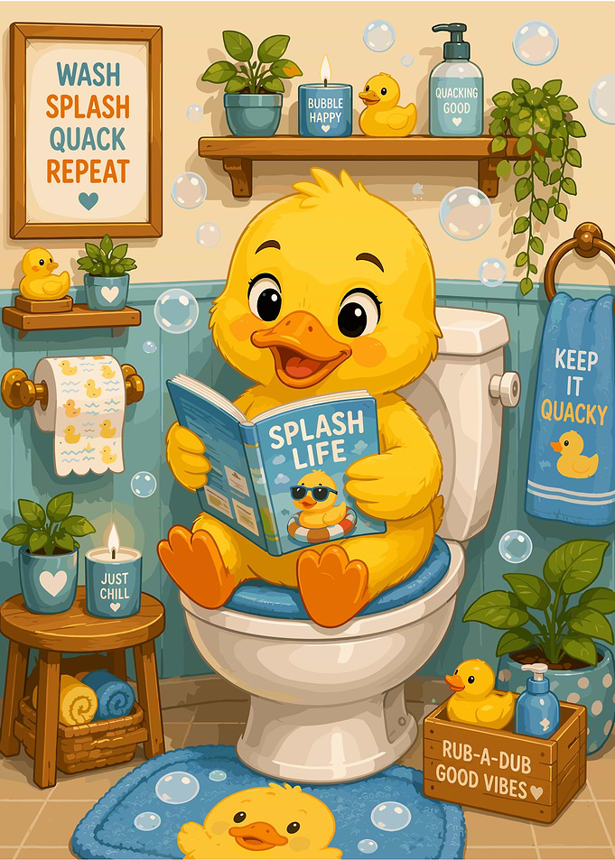 Cute Duck Reading on Toilet