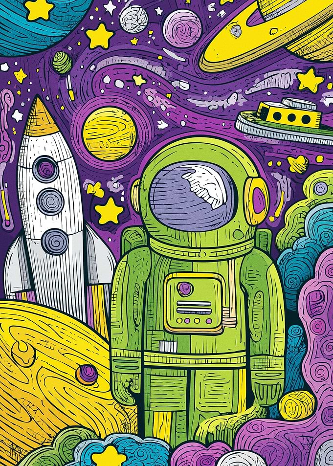Astronaut in a colorful cosmic scene