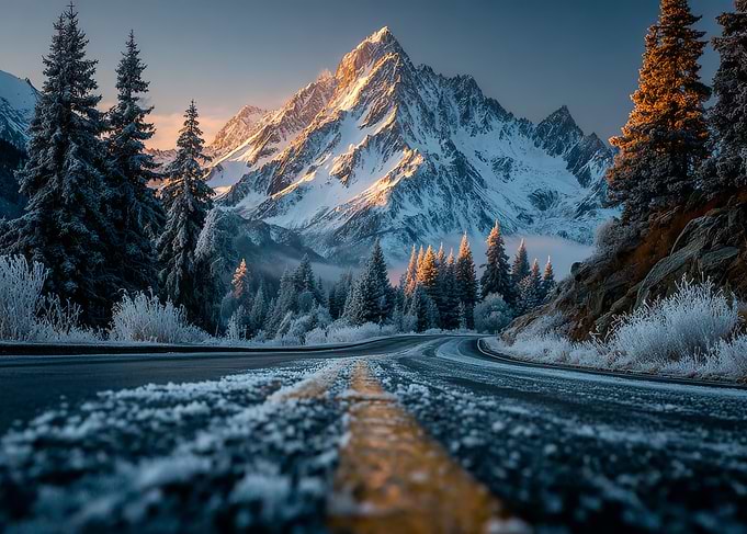 Snowy Mountain Road at Sunrise