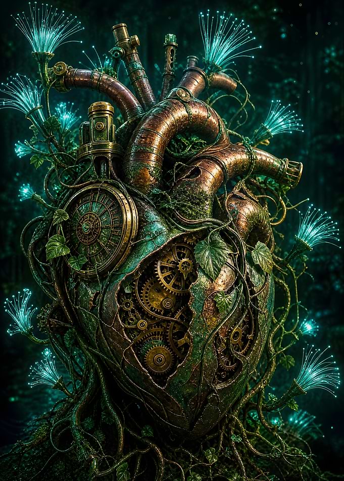 Steampunk Heart with Bioluminescent Flora