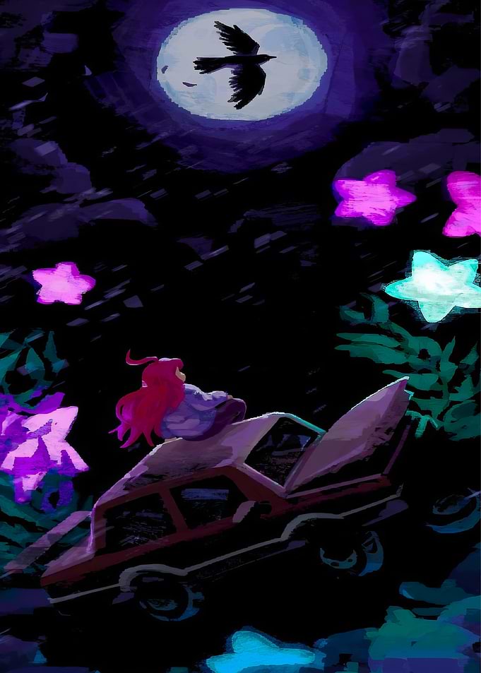 Girl on car under starry night