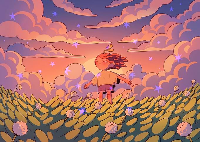 Child in a field at sunset