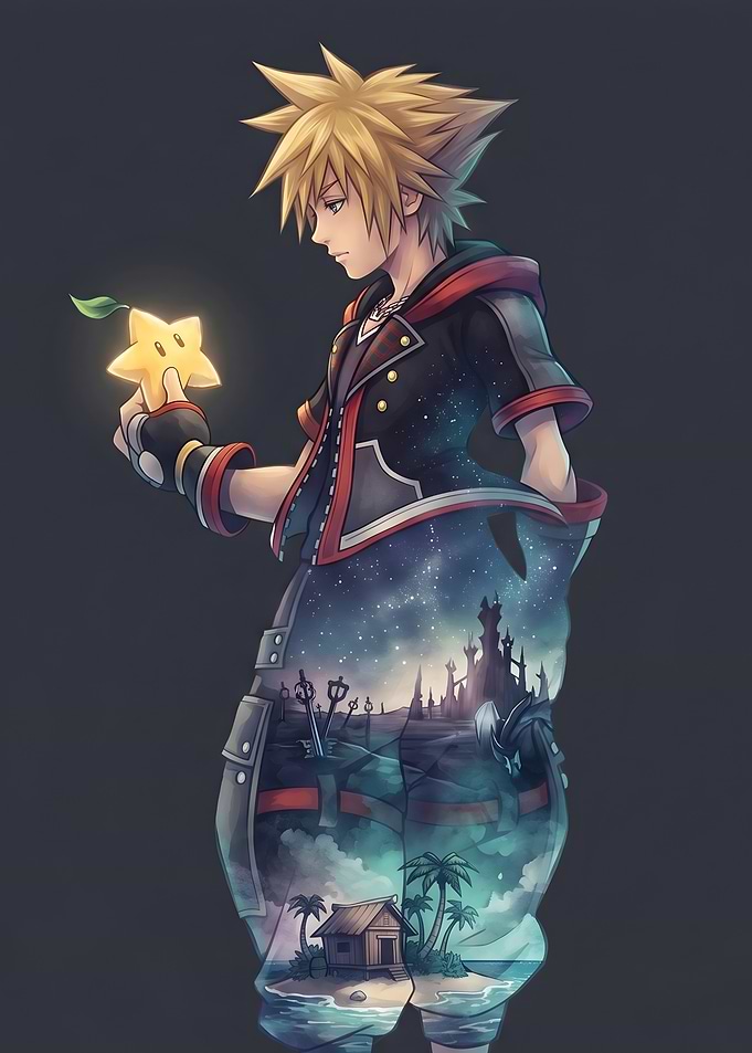 Kingdom Hearts Sora holding a star with a galaxy landscape