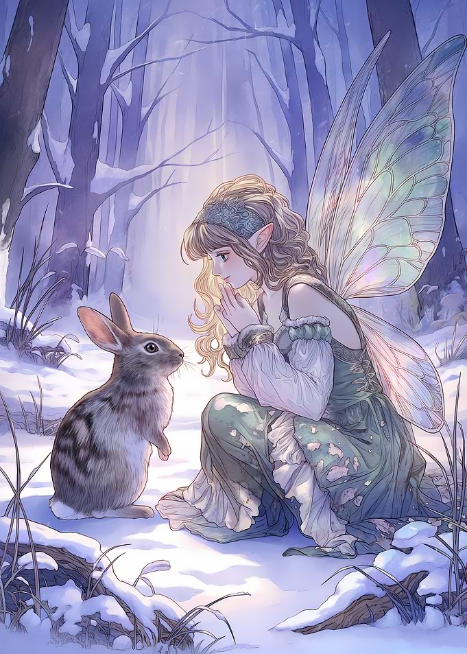 Fairy and Rabbit in Snowy Forest