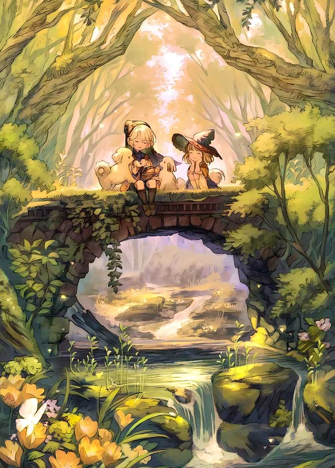 Two Witches and Dogs on a Bridge
