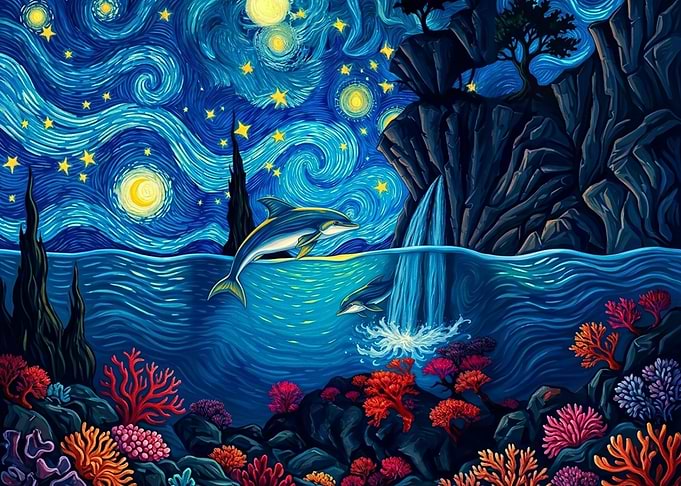 Dolphins in Starry Night Ocean