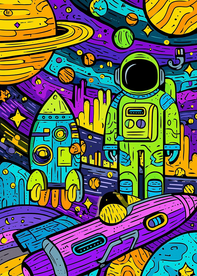 Astronaut and Rockets in Space