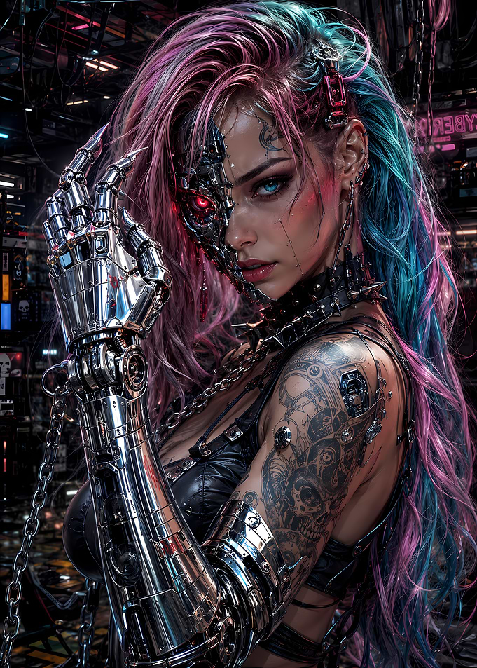 Cyberpunk Woman with Mechanical Arm