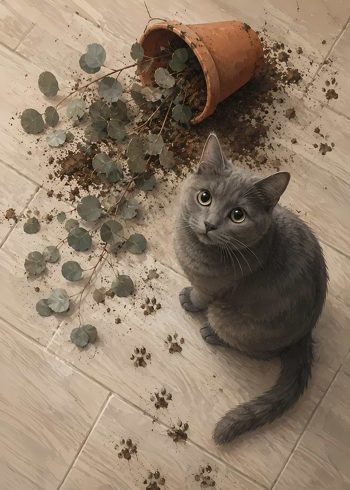 Cat sitting next to a fallen plant pot