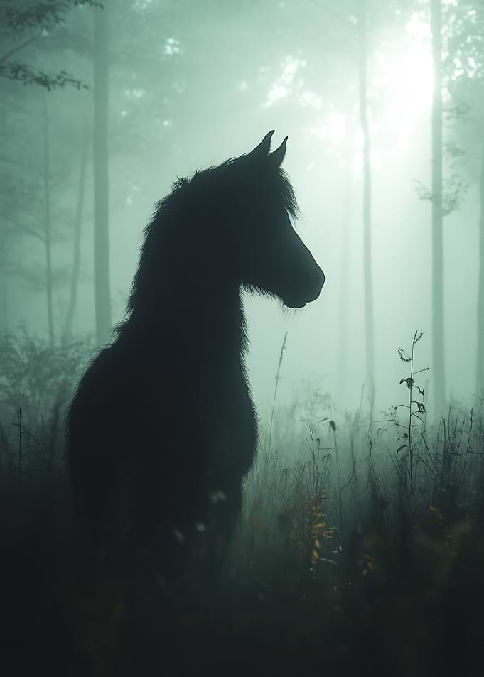 Silhouette of a horse in a misty forest