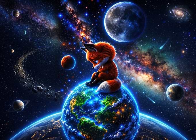 Fox Sitting on Earth in Space