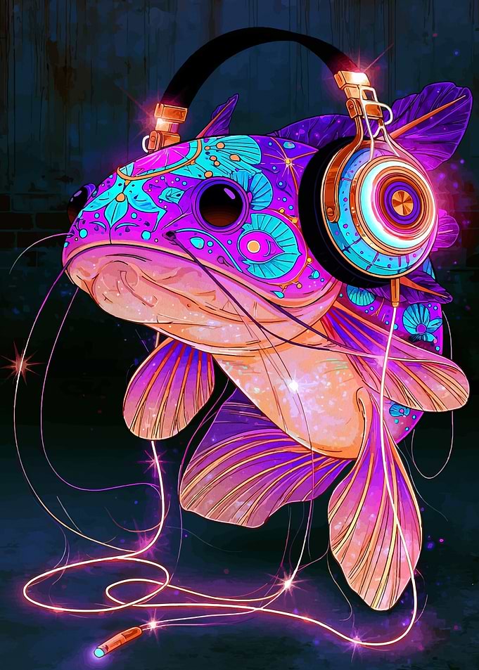 Psychedelic Catfish DJ with Headphones
